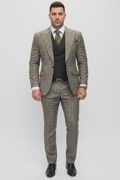 Statement Suits - Wool Suits - Peak Lapel Suits - Ticket Pocket - Modern Fit - Olive Suit