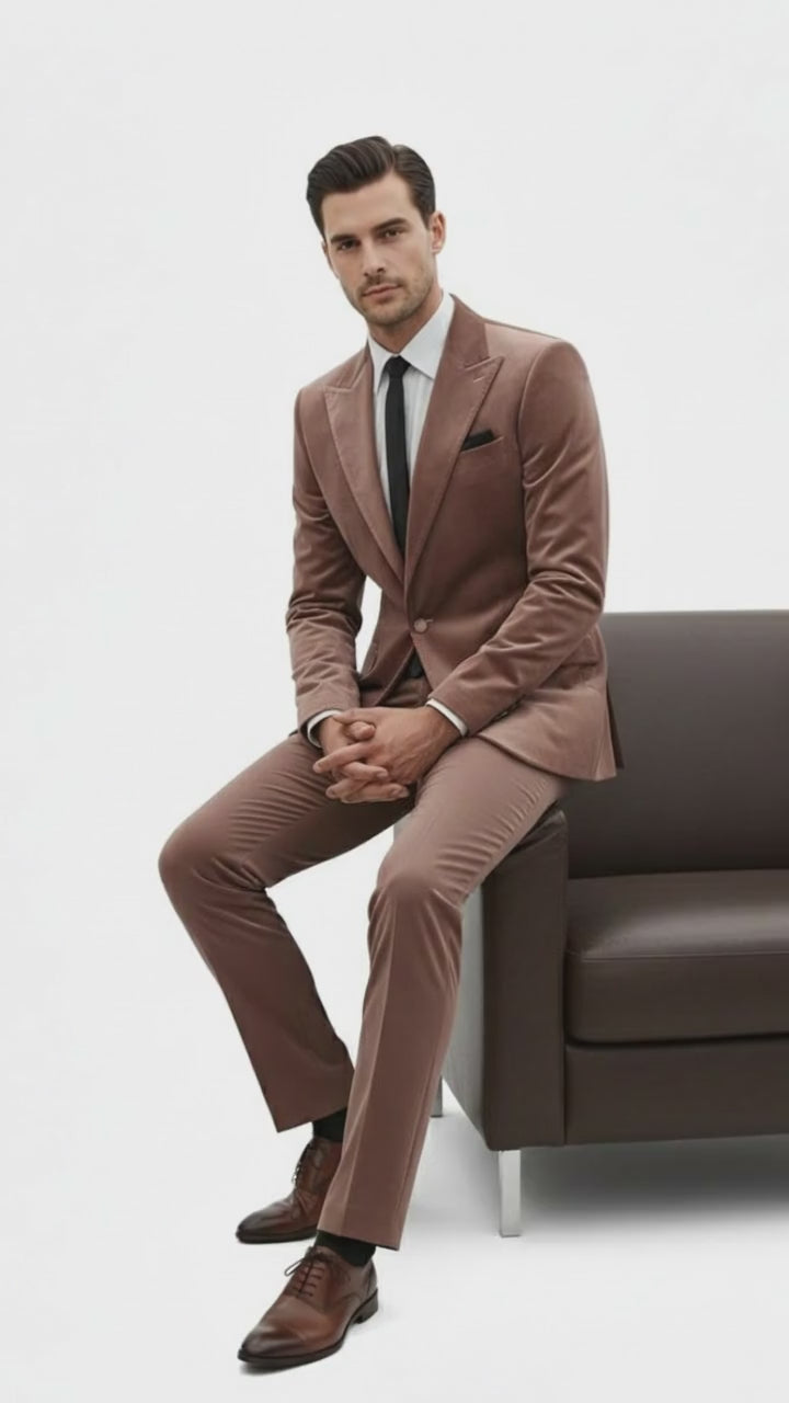 Mens Mauve Velvet Suit – 2 Piece Ultra Slim Fit Blazer and Pants Formal Set in Light Brown Tuxedo