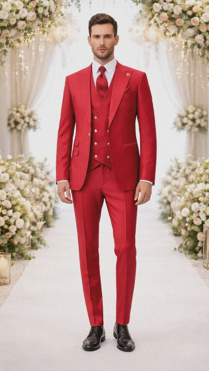 Rossiman Men's Red Suit – Stylish 1-Button Peak Lapel Jacket & Double-Breasted Vest