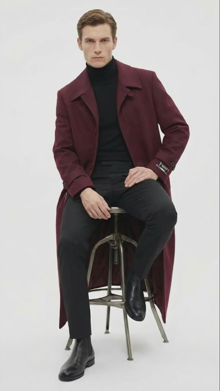 Men’s Full-Length Burgundy Overcoat – Microfiber 4 season fabric  Long Formal Coat with Classic Tailored Maxi Duster Coat