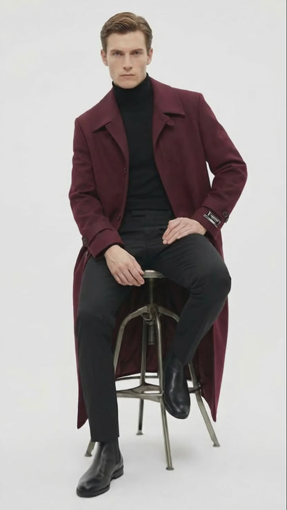Men’s Full-Length Burgundy Overcoat – Microfiber 4 season fabric  Long Formal Coat with Classic Tailored Maxi Duster Coat