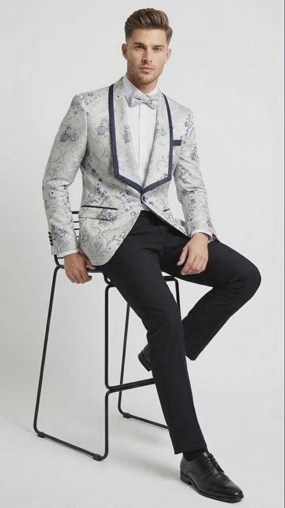 Men’s White and Navy Blue Lapel  Floral Jacquard Blazer with Contrast Shawl Lapel – Luxury Wedding and Party Wear Jacket paisley Tuxedo Navy Pants