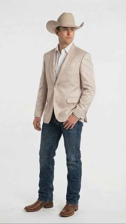 Men’s Tan Khaki Beige Cream Champaign Paisley Western Blazer Jacket, Embossed Dress Sport Coat for Wedding Party Rodeo Style