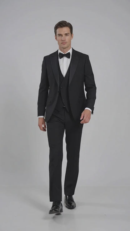 Men’s Black Boot Cut 3-Piece Tuxedo Suit – Peak Lapel Wedding, Prom and Formal Suit 1970s Style