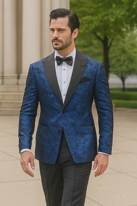Blue Double Breasted Rough Streak Pattern Satin Peak Lapel Stacy Adams Men's Jacket
