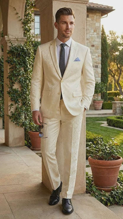 Men’s Ivory Paisley Shiny Suit – Flroal Formal Wedding and Prom Suit for Party, in Cream Off White