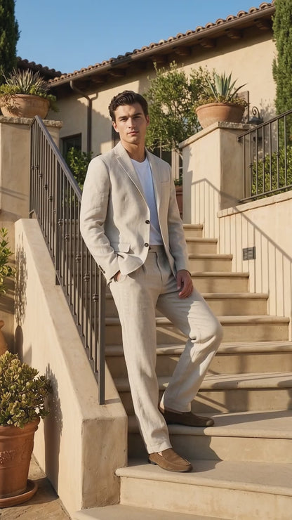 Men’s Informal Summer Suit, Light Beige Casual Linen Style Blazer and Pants Set