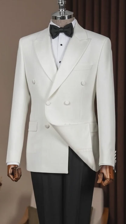 Men's White Double Breasted Dinner Jacket – Peak Lapel Tuxedo Blazer for Weddings, Black Tie & Formal Events