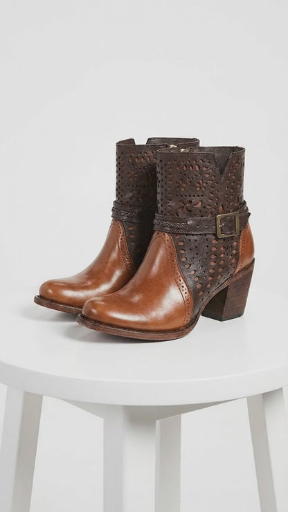 Women’s Brown Leather Short Boots with Oval Toe, Buckle Strap Fashion Ankle Boots