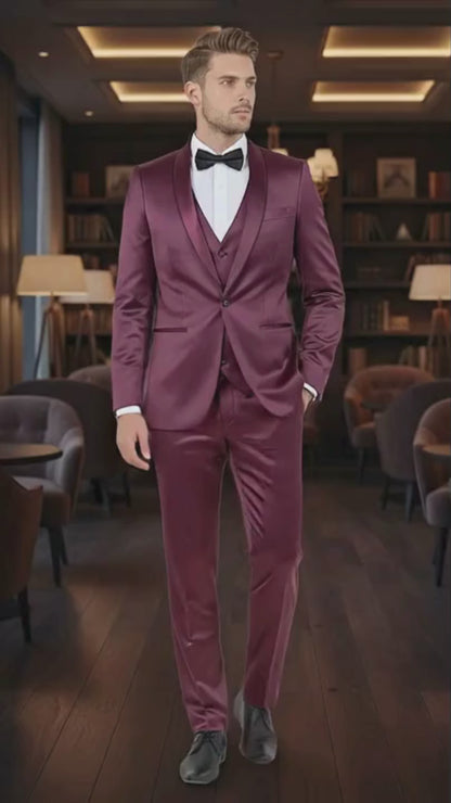 Mens Sateen Shiny Burgundy Slim Fit Tuxedo – Satin Shawl Lapel 3-Piece Suit