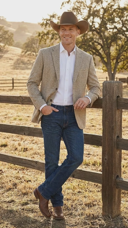 Men’s Light Tan Sand Tweed Cowboy Blazer – Country Style Western Jacket for Casual, Ranch, Saco Para Vaquero