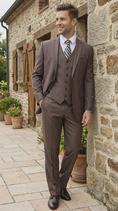 Men’s Brown Sharkskin 3 Piece Suit – Textured Two Button Vested Business Formal Suit for Wedding, Party Wear Vested