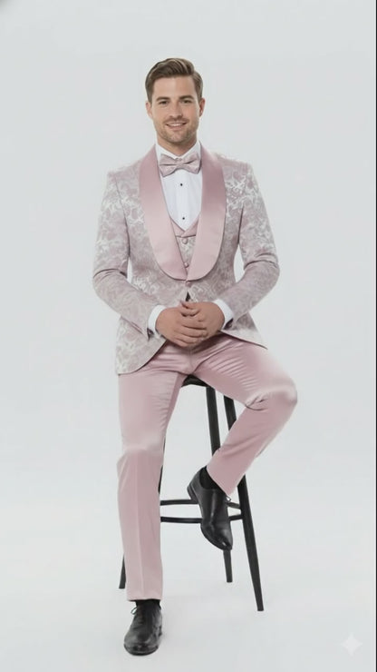Men’s Light Pink Dusty Rose -  Floral Tuxedo Suit – Luxury Satin Shawl Lapel 3-Piece Formal Wedding and Prom Suit in Blush Mauve color