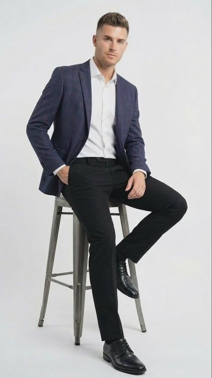 Men’s Big and Tall Navy Blue with Burgundy Plaid Jacket and Sport Coat – Wool Blazer