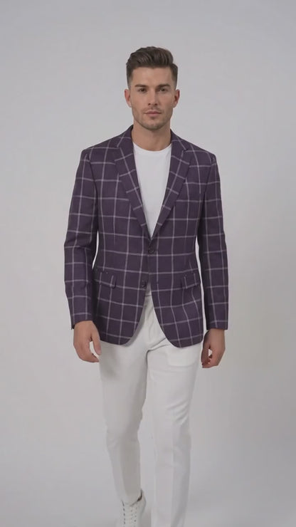 Men's Purple Windowpane Sport Coat – Classic Fit Plaid Blazer Jacket for Business, Wedding & Casual Wear