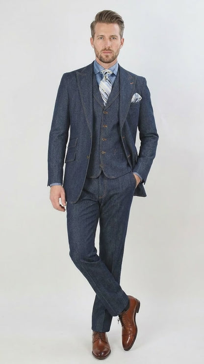 Men’s Pleated Pants Dark Blue Denim 3 Piece Suit – 100% Cotton Formal Suit Set, Blazer Vest Pants Outfit Classic Fit Athletic Fit Lose Fit