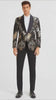 Men’s Black and Gold and Silver Floral Jacquard Blazer with Satin Shawl Lapel Tuxedo Suit With Black Pants with Bowtie