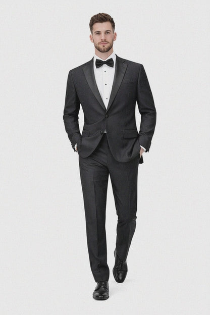 Mens Tiglio Modern Fit Black Wool Tuxedo – Classic Satin Lapel Formal Suit