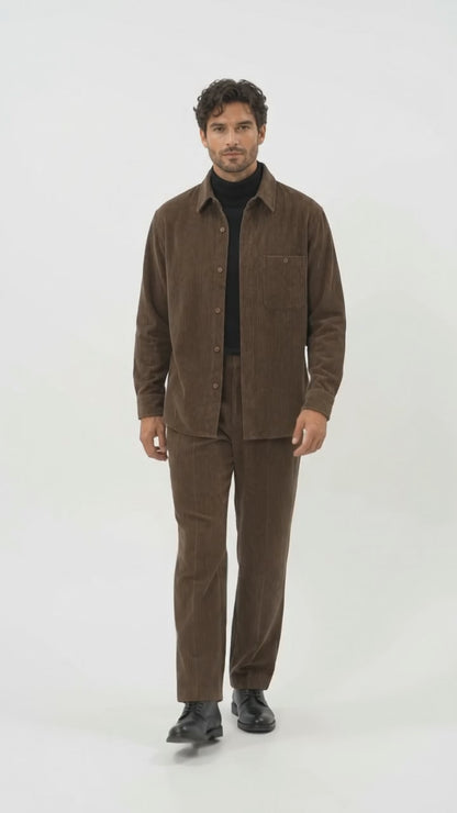 Men's Corduroy Shirt and Pants Walking Suit in Winter Cotton Fabric Casual in Color Brown leisure Style
