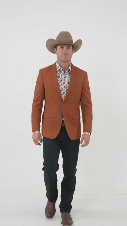 Men’s Rust Cowboy Western Blazer – Copper Brick  Color Two Button Sport Coat Peak Lapel Modern Fit