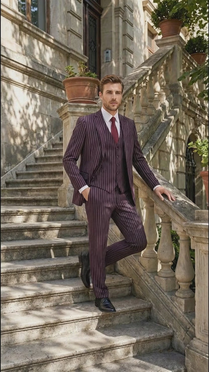 Men’s Plum Eggplant Pinstripe 3 Piece Suit – Burgundy Purple Formal Suit  Gangster 1920s Mafia Pimp Suit