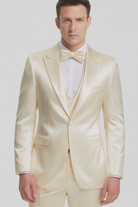 Champagne Satin Double Breasted Peak Lapel 3 Piece Skinny Fit Tazzio Men's Suit with Matching Bowtie