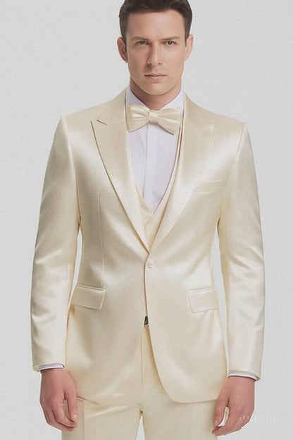 Champagne Satin Double Breasted Peak Lapel 3 Piece Skinny Fit Tazzio Men's Suit with Matching Bowtie