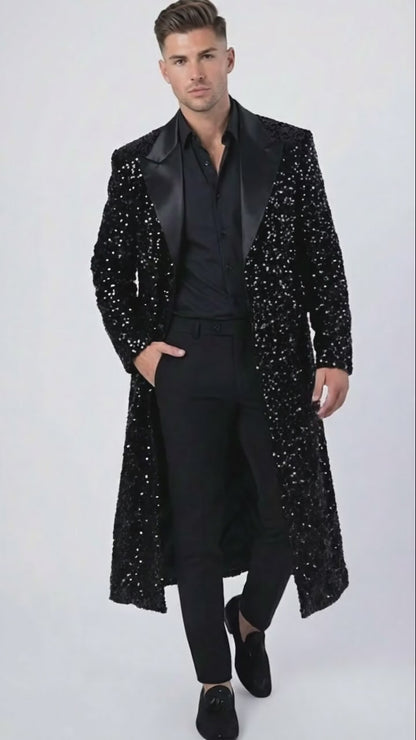 Men’s Black Sequin Long Coat with Satin Shawl Lapel – Luxury Statement Evening Overcoat