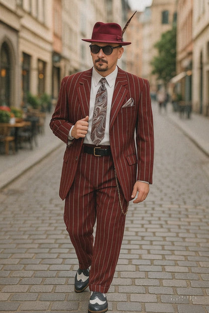 Burgundy Pinstripe Zoot Suit – 3 Piece 1920s/1930s Gangster Outfit (Jacket and Pants and Vest)  Vintage Fashion