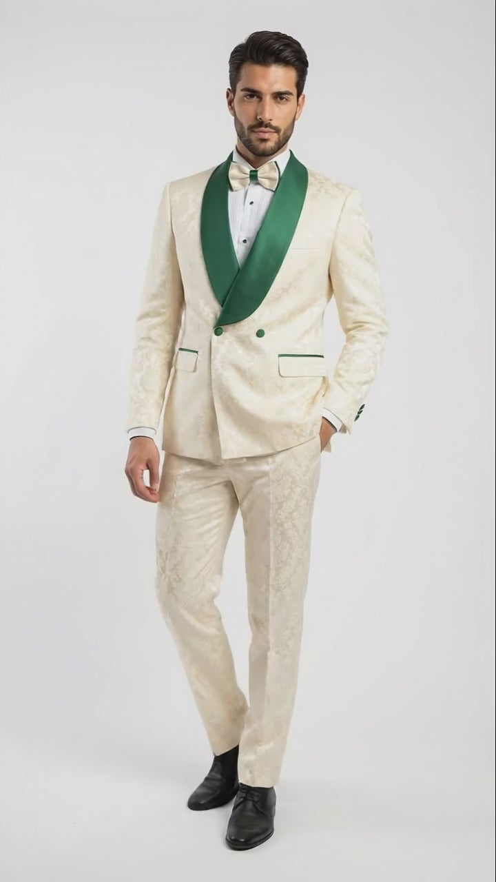 Men's Ivory and Emerald Green Jacquard Tuxedo Suit + Bowtie – 3-Piece Formal Wedding, Prom, and Gala Outfit