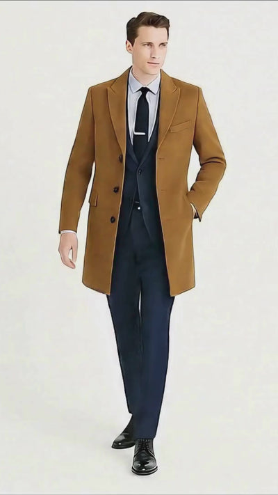 Men’s Camel Brown Wool Overcoat – Classic Long Dress Coat for Business and Casual Wear in Vecuna Color