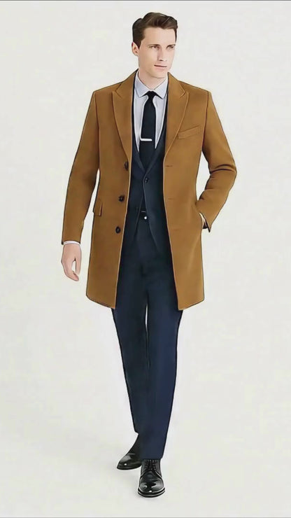 Men’s Camel Brown Wool Overcoat – Classic Long Dress Coat for Business and Casual Wear in Vecuna Color
