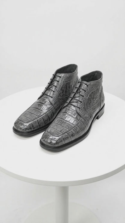 Men’s Los Altos Gray All Over Crocodile Lace Up Dress Ankle Boots, Exotic Formal Boots