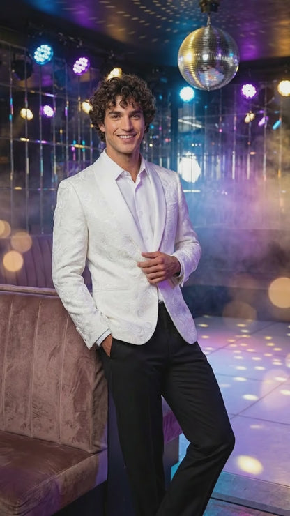 Men’s White Paisley Disco Blazer 1980s Style Jacket – Shawl Lapel Formal Party Blazer, Elegant Masquerade Club Wear, Stylish Evening Outfit