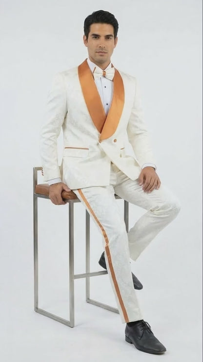 Men's Ivory and Gold Jacquard Tuxedo Suit + Bowtie – Formal Wedding, Prom, and Gala Outfit in Cream Off White color