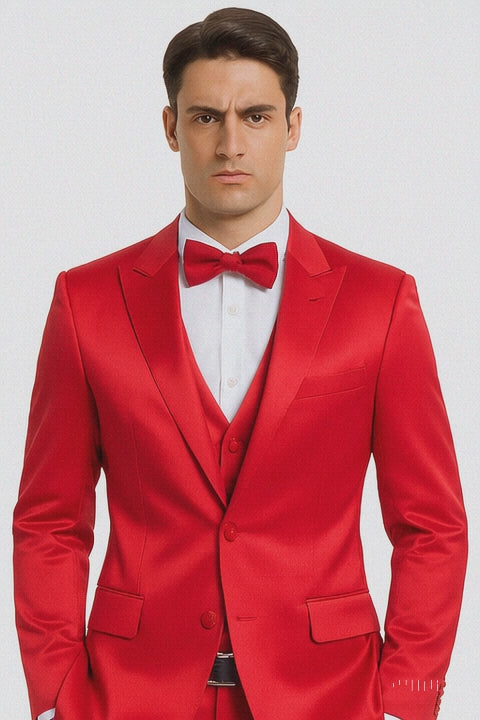 Red Satin texture double breasted vest peak lapel 3 piece skinny fit Tazzio mens suit with matching bowtie