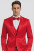 Red Satin texture double breasted vest peak lapel 3 piece skinny fit Tazzio mens suit with matching bowtie