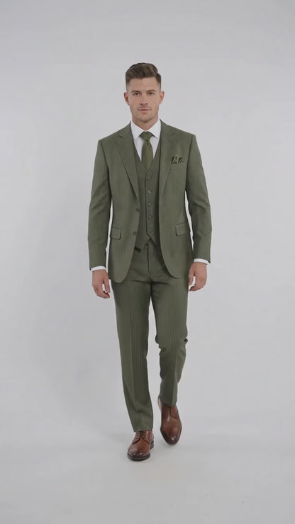 Men’s Olive Green Tone-on-Tone Shadow Pinstripe  3 Piece Suit – Modern Formal Suit with Vest Shadow Stripe