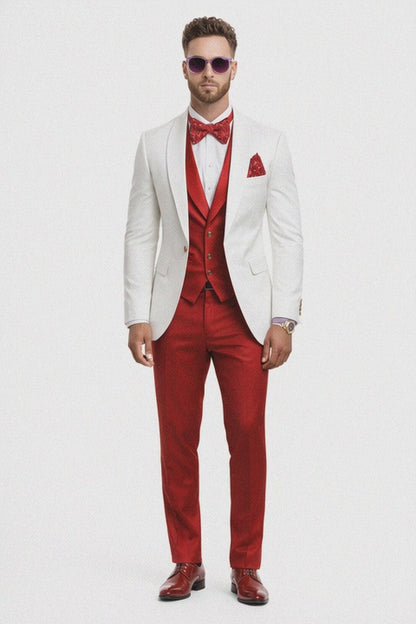 White and Red Tuxedo Wedding Suit - White Dinner Jacket + Vest + Pants + Bow-tie