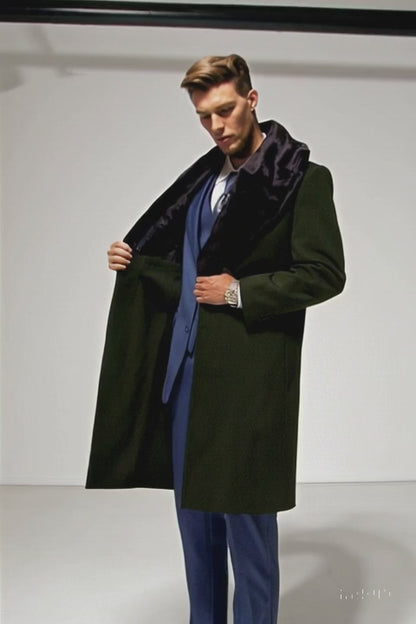 Overcoat ~ Long men's Dress Topcoat - Winter coat With Fur Collar Dark Olive And Wool Fabric