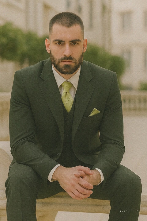 Mens 2 Button Vested Basic Wool Feel Suit in Olive