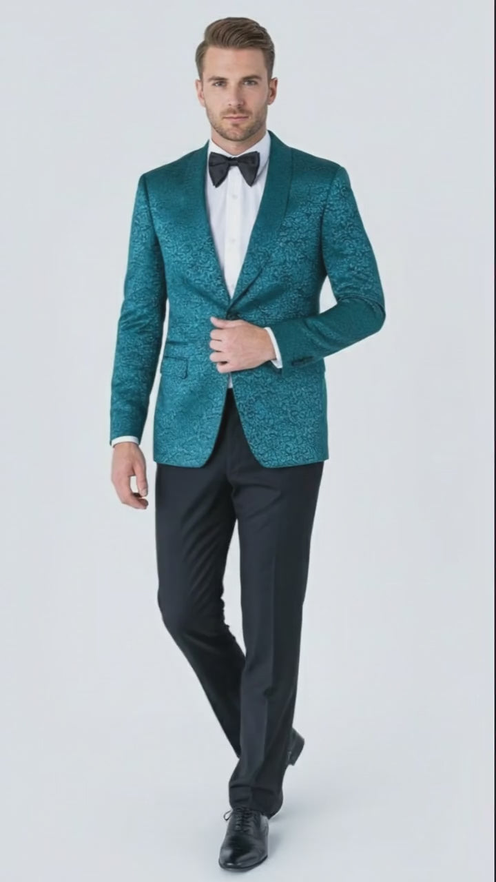 Mens Teal Blue Paisley Tuxedo Jacket – Elegant Shawl Lapel Dinner Blazer for Weddings, Prom and Formal Events - Greenish Blue