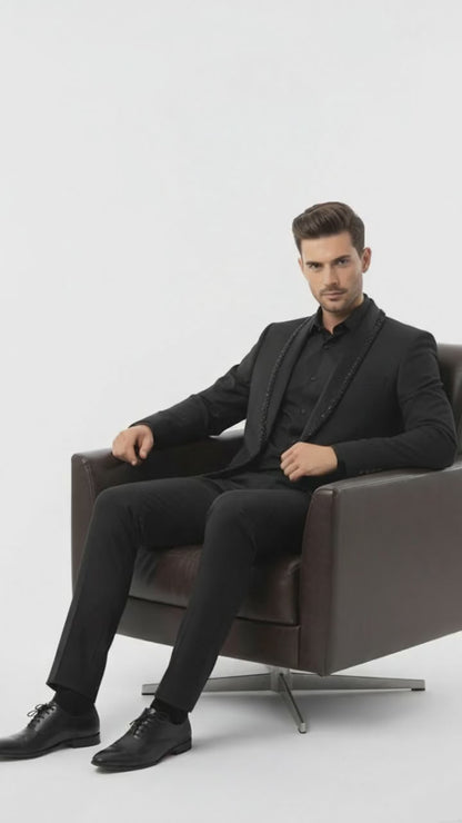 Mens Classic Black Designer Tuxedo Suit with Beaded Lapel – Elegant Formal and Party Wear Jacket and Pants