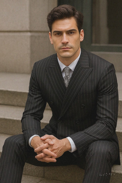 Mens Double Breasted Gangster Bold Pinstripe Suit in Black