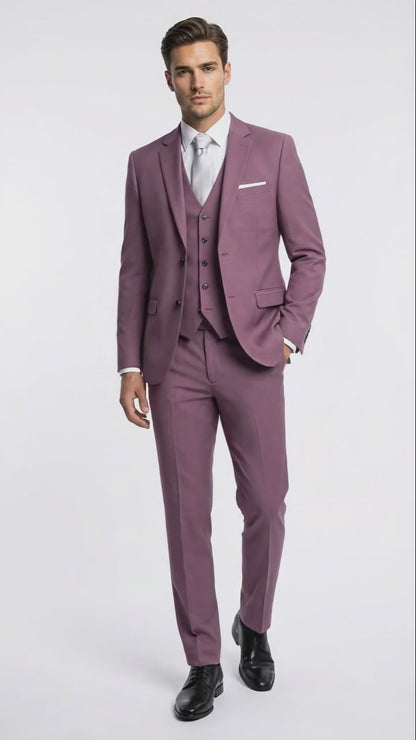 Men’s Mauve Three-Piece Suit – Slim Fit Formal Blazer, Vest, and Trousers for Weddings Rose Gold Pinkish Color