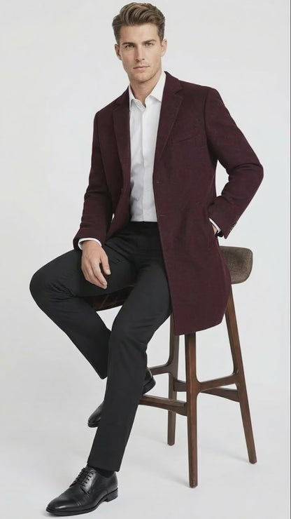 Men’s Burgundy Mid-Length Overcoat – Classic Fit Wool Blend Dress Coat Three Quarter Carcoat Topcoat