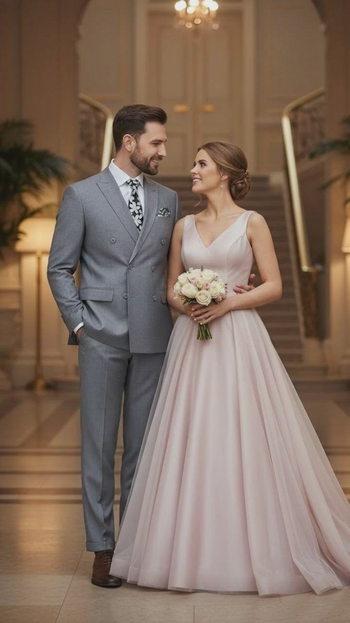 Mens Grey Tone on Tone Double-Breasted Suit – Classic Slim Fit 2 Piece Formal Business Gray Shadow Stripe