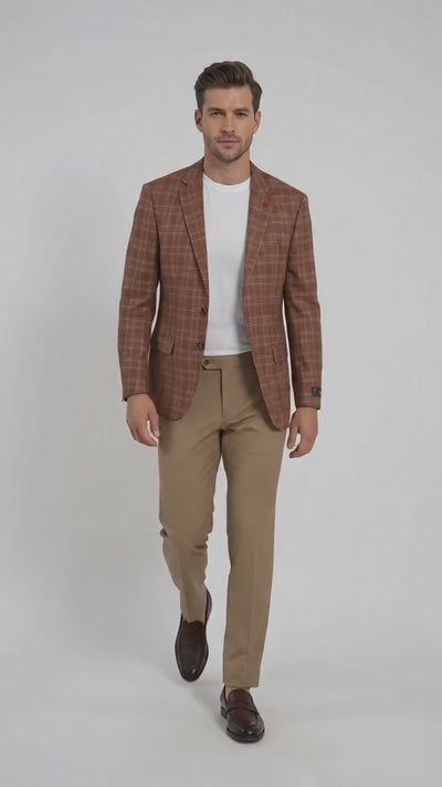 Vitali Men’s Rust Copper Brown Plaid Blazer with Tan Pants – Classic Windowpane, Business and Smart-Casual Birck color  Suit