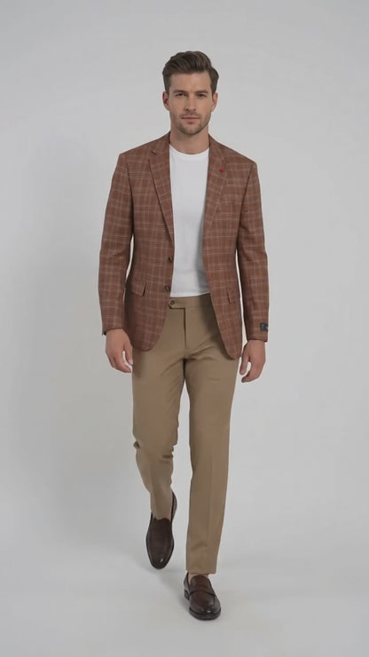 Vitali Men’s Rust Copper Brown Plaid Blazer with Tan Pants – Classic Windowpane, Business and Smart-Casual Birck color  Suit