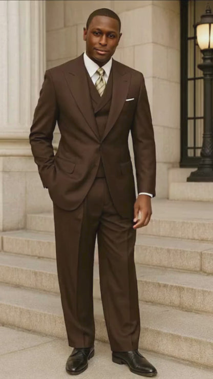 Tiglio Rosso Men’s Choclate Brown 3 Piece Suit –Double Breasted Vest with Classic 100% Wool Super 150's Fabric - Pleated Pants